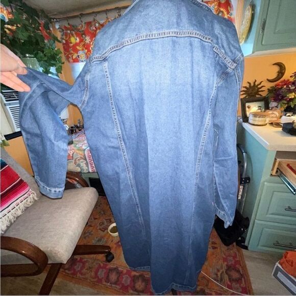 New women’s classic 5 button 4 pockets denim jean jacket in a duster sz L - Picture 4 of 14